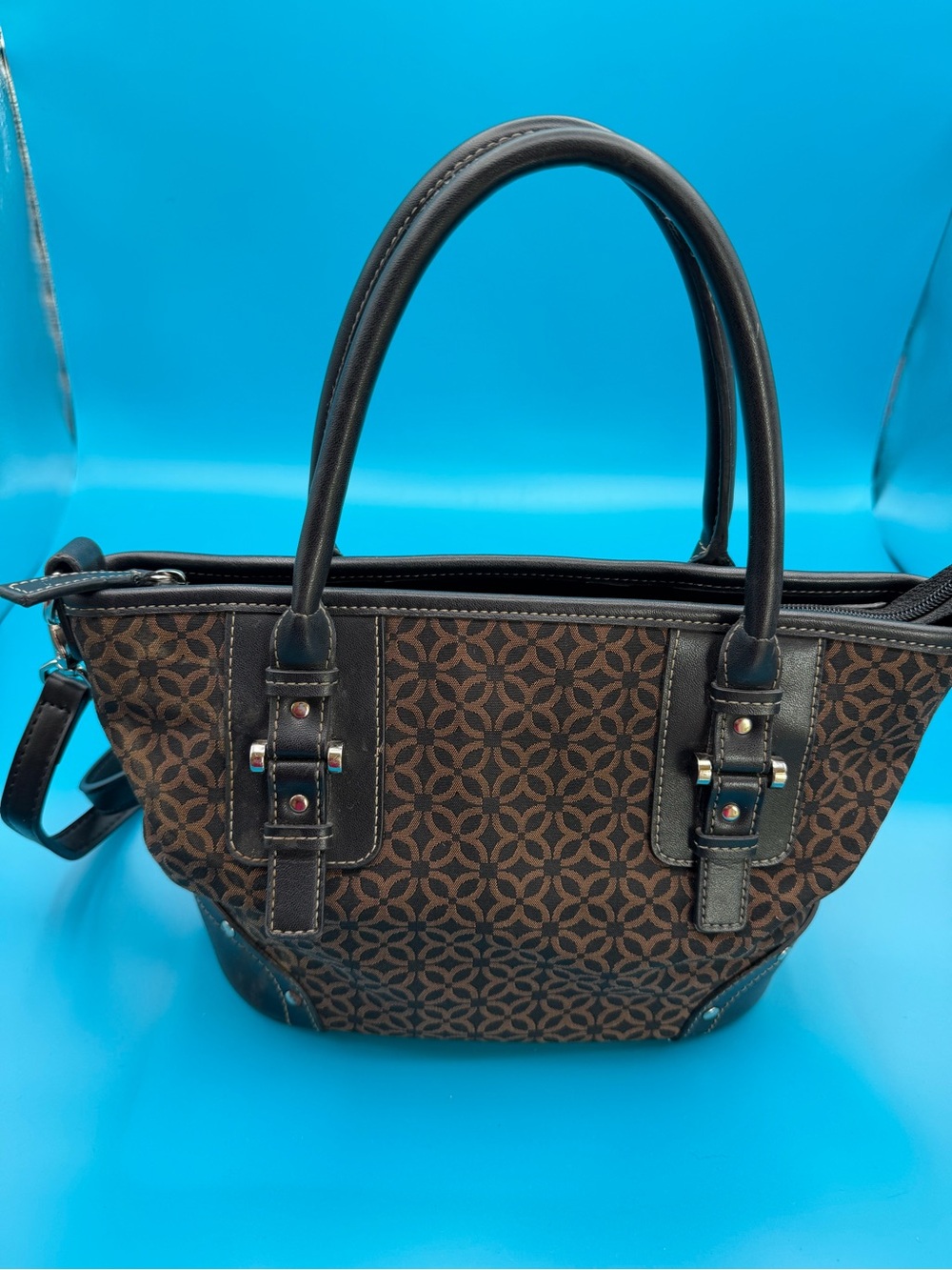 Relic by Fossil Brown Patterned Brown and Black Hand Bag with Black Trim